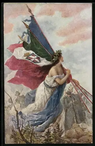 AK Soldaten in Uniform und Frau mit Fahnen