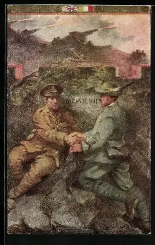 AK Italienischer und britischer Soldat geben sich die Hand, Kanonen