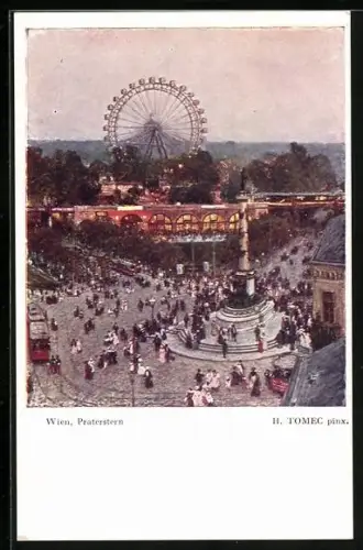 Künstler-AK Wien, Praterstern mit Denkmal und Strassenbahn