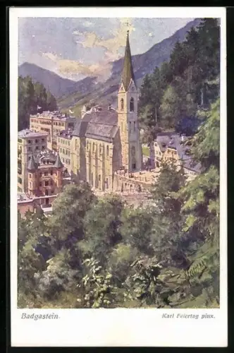 Künstler-AK Karl Feiertag: Badgastein, Ortspartie mit Kirche