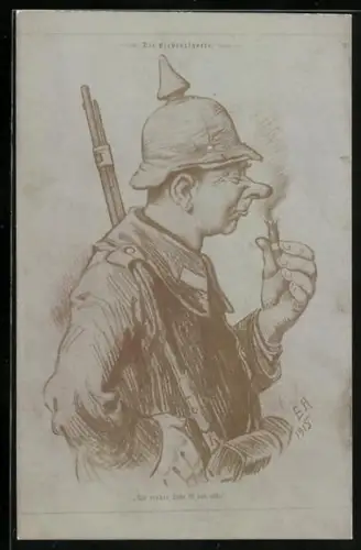 AK Soldat mit Pickelhaube raucht Liebeszigarre