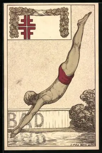 Künstler-AK sign. Max Both: Schwimmer springt ins Wasser