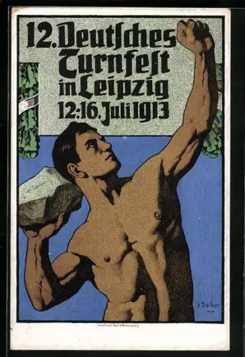Künstler-AK Hans Treiber: Leipzig, 12. Deutsches Turnfest 1913, Sportler mit einem Stein