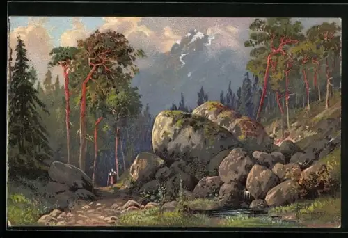 Künstler-AK Robert Kämmerer: Gebirgslandschaft mit Kiefern im Abendlicht