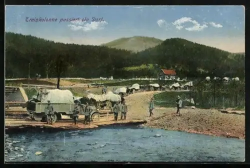 AK Trainkolonne passiert ein Dorf in den Bergen, Flussüberquerung