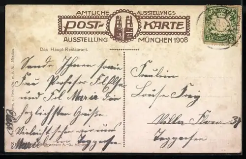 AK München, Ausstellung 1908, Hauptrestaurant mit Beleuchtung
