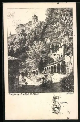 Künstler-AK Ulf Seidl: Salzburg, Friedhof St. Peter