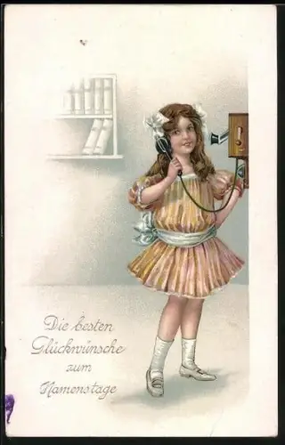 AK Mädchen im Kleid am Telefon, Glückwunsch zum Namenstag