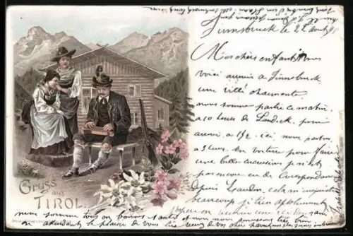 Vorläufer-Lithographie Gruss aus Tirol, 1895, Mann spielt Frauen auf der Zither vor