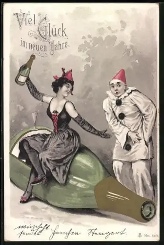Lithographie Junge Dame mit Sektflasche auf einer Riesen-Sektflasche, Pierrot, Neujahrsgruss