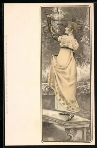 Lithographie Junge Dame beim Apfelpfücken in einem Park