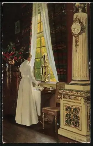 Künstler-AK Interieur, Dame am Fenster eines Salons, Uhr