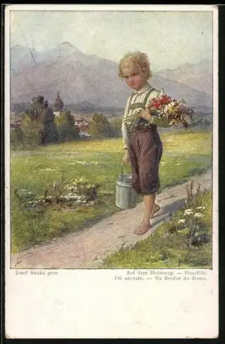 Künstler-AK Josef Straka: Auf dem Heimweg, Knabe in den Bergen mit Milchkanne und Blumen