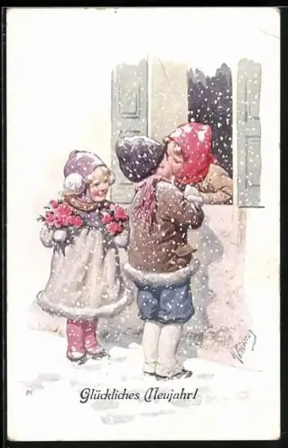 Künstler-AK Karl Feiertag: Kleines Paar beim Kuss und Mädchen mit Blumen, Schnee, Neujahrsgruss