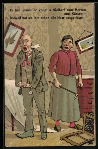 Künstler-AK Ehemann mit gewalttätiger Ehefrau nach Gerangel, Karikatur