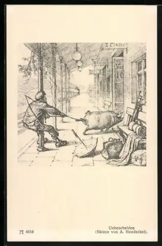 Künstler-AK Albert Hendschel: Unbescheiden, Bauer zieht Schwein am Bein