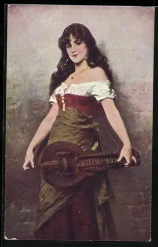 AK Junge Frau mit einer Drehleier