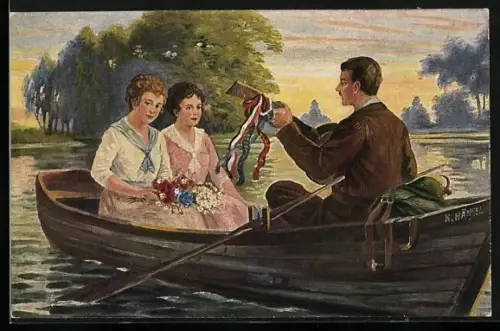 AK Mann mit Gitarre und zwei Frauen auf Boot