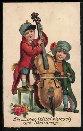 AK Zwei Jungen mit einem Cello, Glückwunsch zum Namenstag