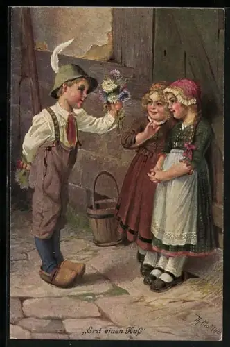 Künstler-AK sign. Th. Matthei: Knabe in Holzschuhen mit Blumen für Mädchen