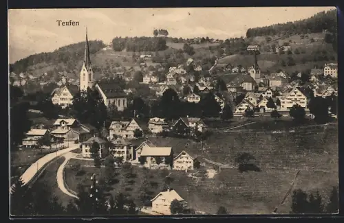 AK Teufen, Totalansicht mit Kirche aus der Vogelschau