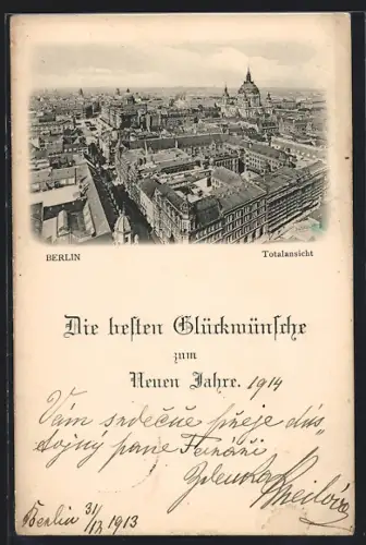 AK Berlin, Totalansicht mit Block zum Dom, Neujahrsgrüsse für 1914