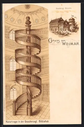 Lithographie Weimar / Thüringen, Naturtreppe, Grossherzogliche Bibliothek