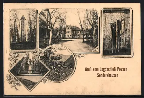 AK Sondershausen / Thüringen, Jagdschloss Possen, Denkmal, Turm, Bärenzwinger