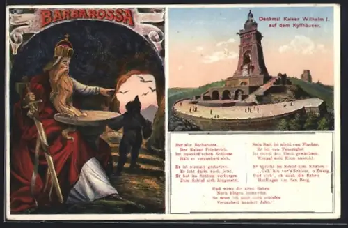 Lithographie Kyffhäuser, Denkmal Kaiser Wilhelm I., Barbarossa-Sage