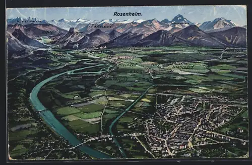 Künstler-AK Rosenheim / Obb., Panoramablick aus der Luft gesehen