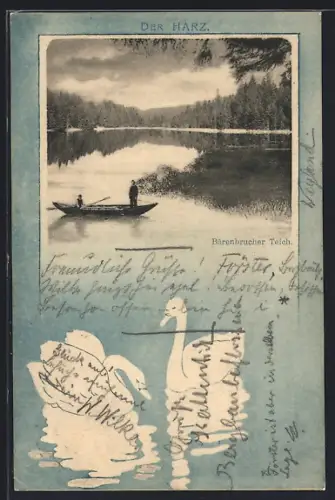 AK Clausthal, Bärenbrucher Teich, Ruderboot, Passepartout mit Schwänen