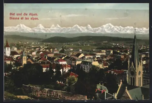 AK Biel, Gesamtansicht mit Alpenpanorama