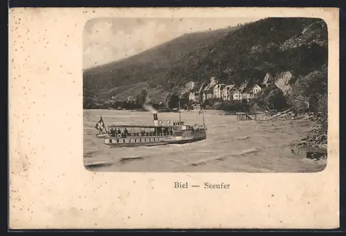 AK Biel, Uferpartie mit Dampfer