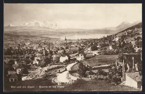 AK Biel, Gesamtansicht mit Alpen