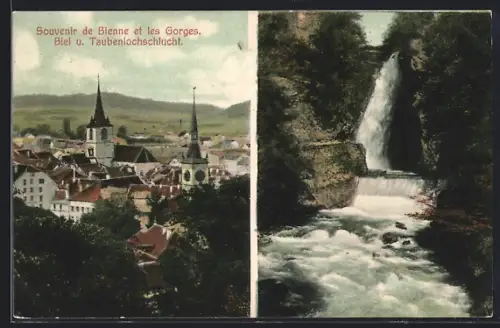 AK Biel, Teilansicht mit Kirche, Taubenlochschlucht