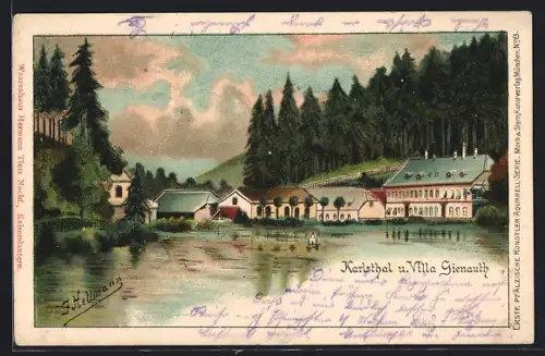 Lithographie Trippstadt, Karlsthal, Uferpartie und Villa Gienauth