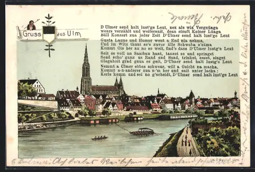 Lithographie Ulm / Donau, Uferpartie mit Münster