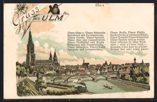 Lithographie Ulm / Donau, Uferpartie mit Münster