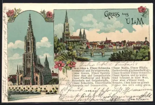 Lithographie Ulm / Donau, Münster, Panorama und Gedicht