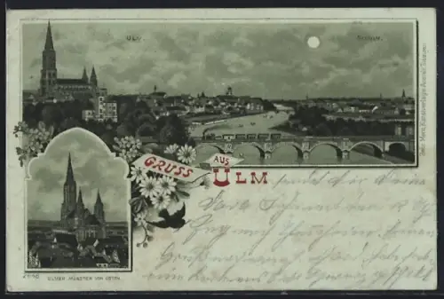 Mondschein-Lithographie Ulm / Donau, Teilansicht mit Brücke, Ulmer Münster von Osten