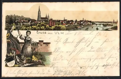 Lithographie Ulm / Donau, Uferpartie mit Münster, Wirtin mit Bierkrügen