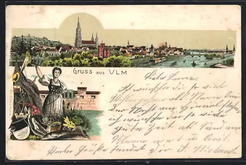 Lithographie Ulm / Donau, Uferpartie mit Münster, Wirtin mit Bierkrügen