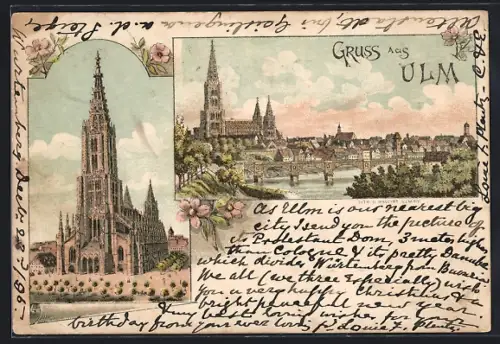 Vorläufer-Lithographie Ulm / Donau, 1895, Ulmer Münster, Uferpartie