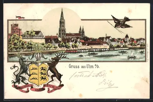 Lithographie Ulm / Donau, Totalansicht vom Fluss aus