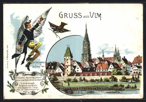 Lithographie Ulm / Donau, Teilansicht mit Münster, Schneider von Ulm bei seinem Flugversuch