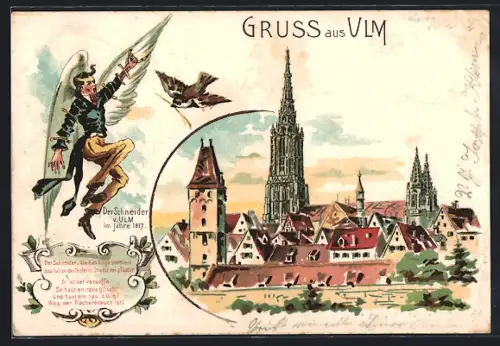 Lithographie Ulm / Donau, Uferpartie mit Münster, Der Schneider von Ulm 1817
