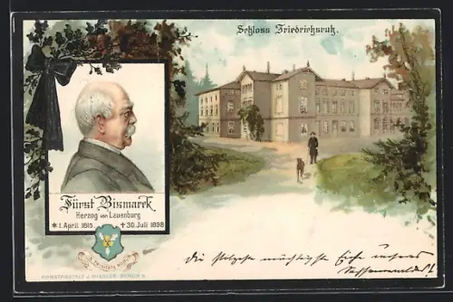 Lithographie Friedrichsruh, Fürst Bismarck, Portrait im Profil, Schloss