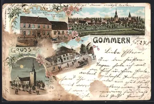 Lithographie Gommern / Anhalt, Hotel Deutsches Haus, Inh. W. Roch, Kirche, Deutscher Radfahrer Bund, Breite Strasse