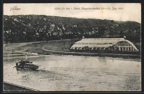AK Dresden, 1. Sächs. Sängerbundesfest 1925, Elbpartie mit Halle