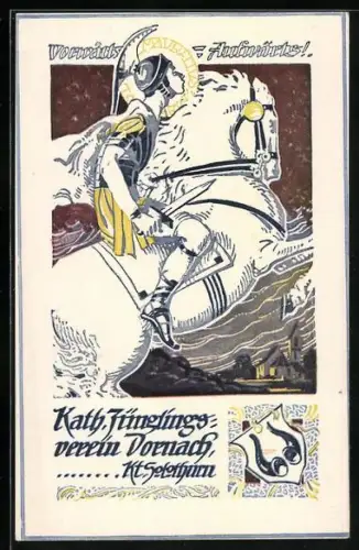 AK Dornach, Katholischer Jünglingsverein, Vorwärts - Aufwärts, Mann mit Schwert zu Pferd